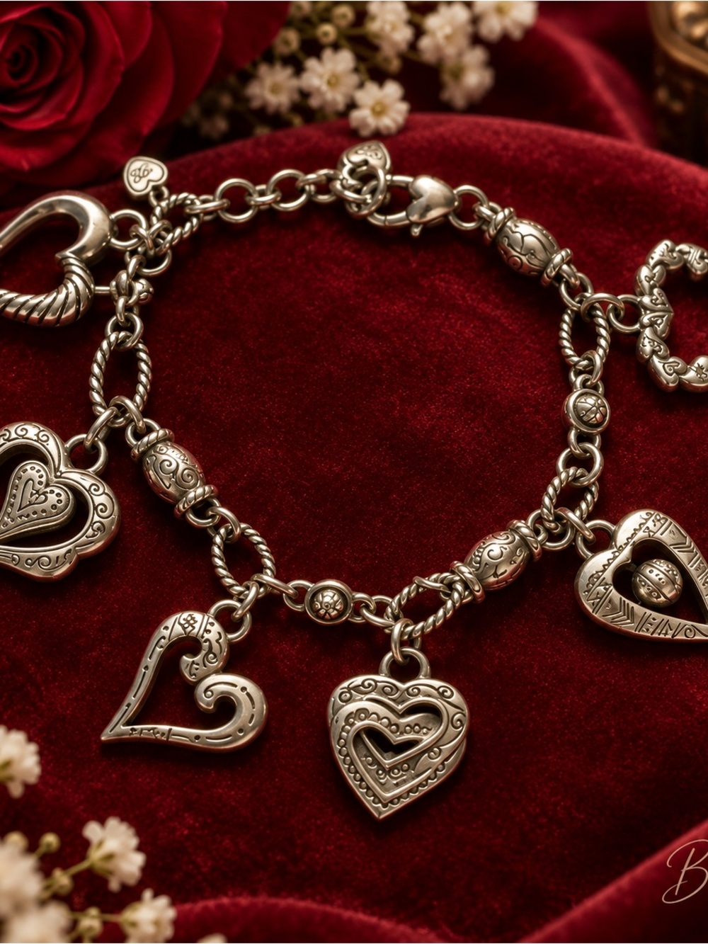 Brighton L’Amore Retired Silver Tone Heart Charm Bracelet Vintage